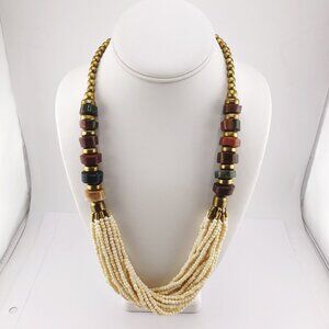 VINTAGE Multi-strand genuine bone and natural stone statement necklace 70s boho